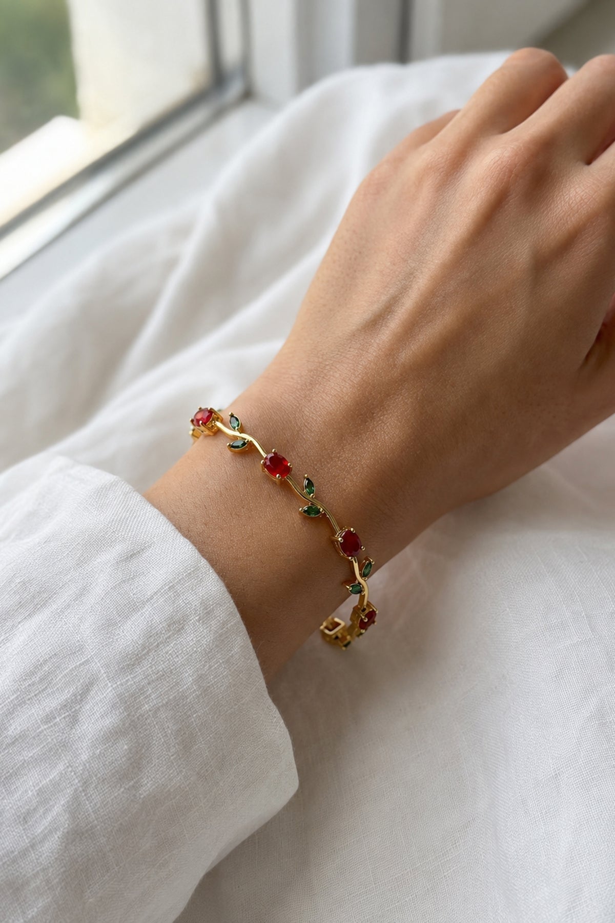 Red Tulip Bracelet - Gold Plated Vine Design Red Tulip Bracelet for Women  Gold Plated CZ