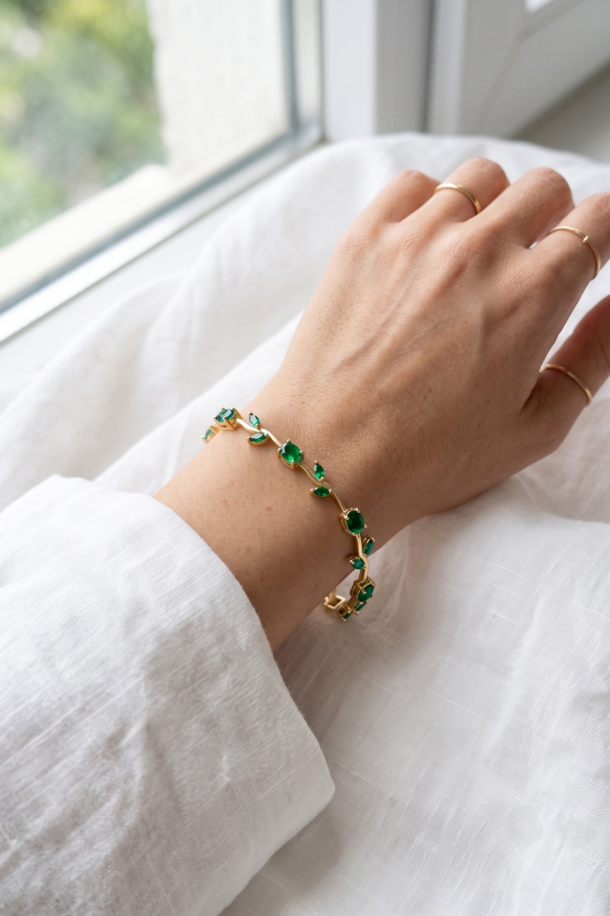 Green Tulip Bracelet - Emerald-Green Vine Design Green Tulip Bracelet for Women  Gold Plated CZ