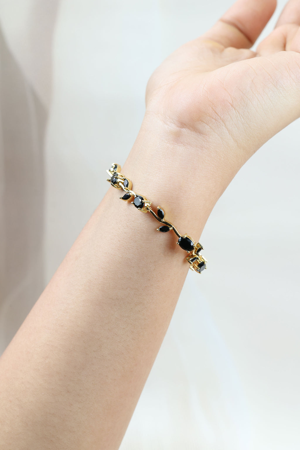 Tulip Vine Bracelet - Onyx Black CZ Stones,  Gold Plated Black CZ Tulip Bracelet in Gold Plating