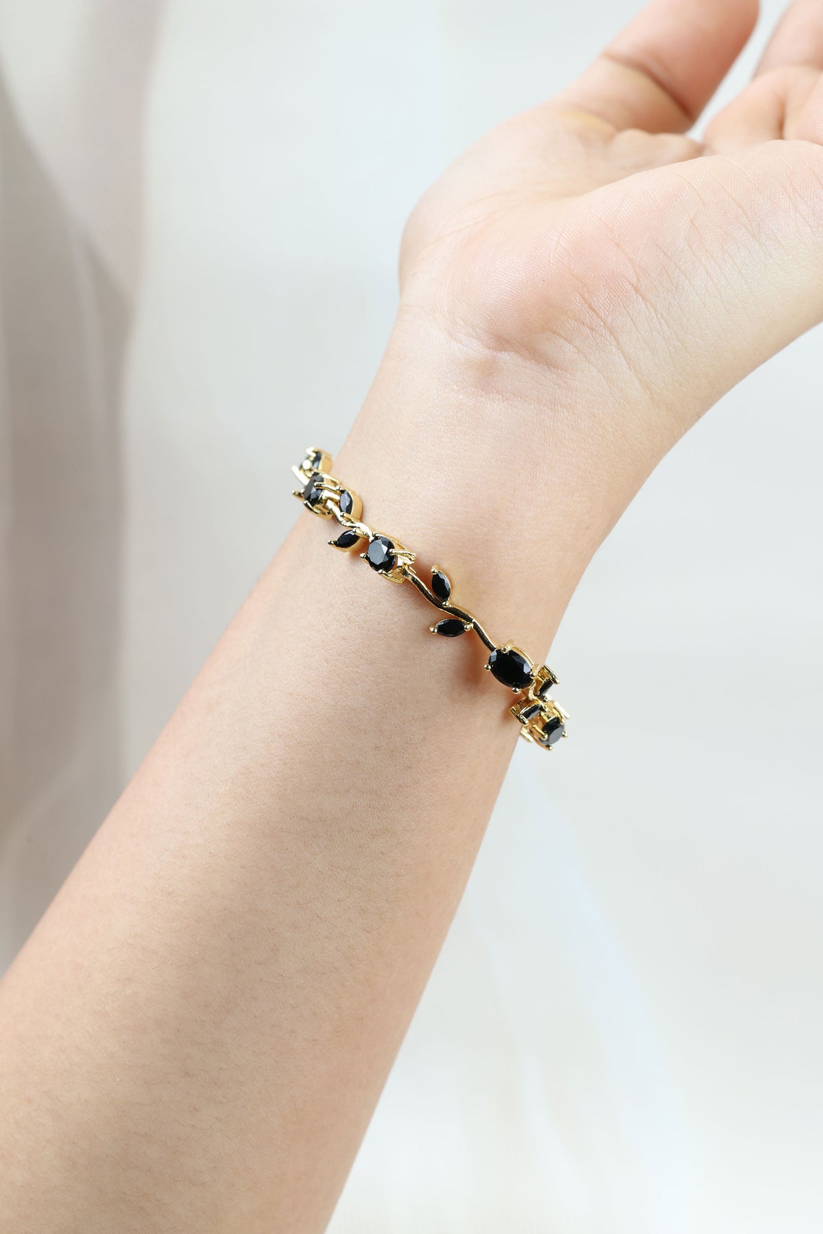Tulip Vine Bracelet - Onyx Black CZ Stones,  Gold Plated Black CZ Tulip Bracelet in Gold Plating