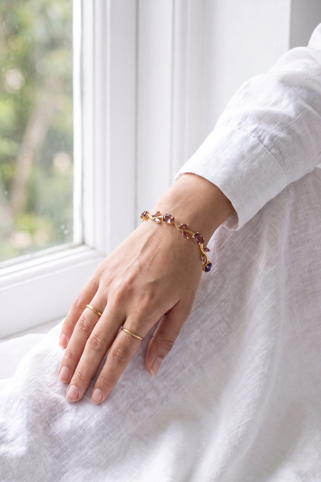 Tulip Vine Bracelet - Amethyst Purple CZ Stones,  Gold Plated Purple CZ Tulip Bracelet in Gold Plating