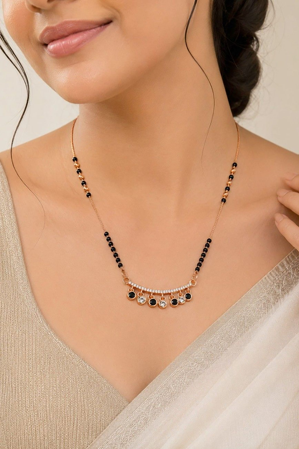 Black & White Fringe Rose Gold AD Mangalsutra