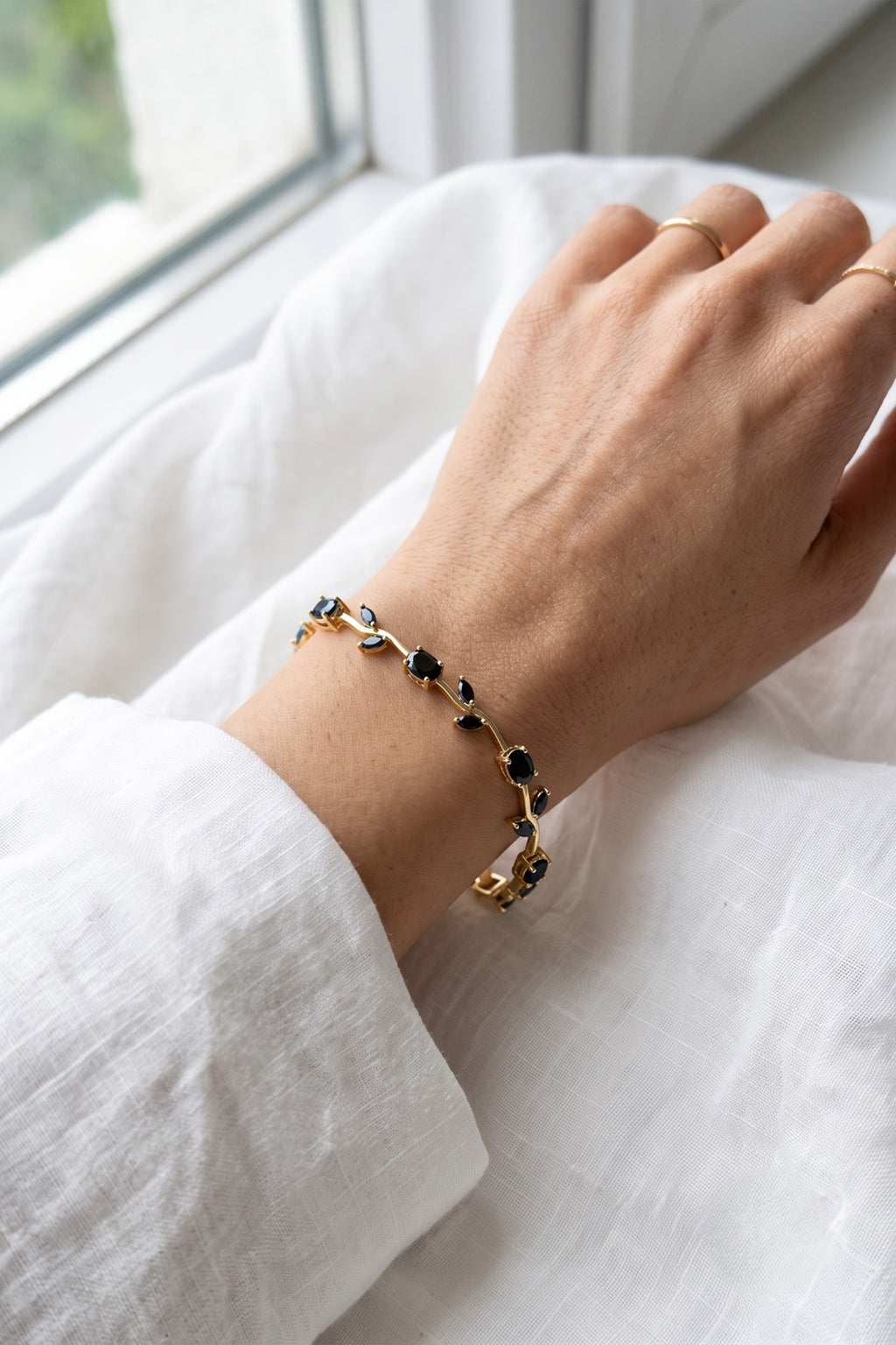 Tulip Vine Bracelet - Onyx Black CZ Stones,  Gold Plated Black CZ Tulip Bracelet in Gold Plating