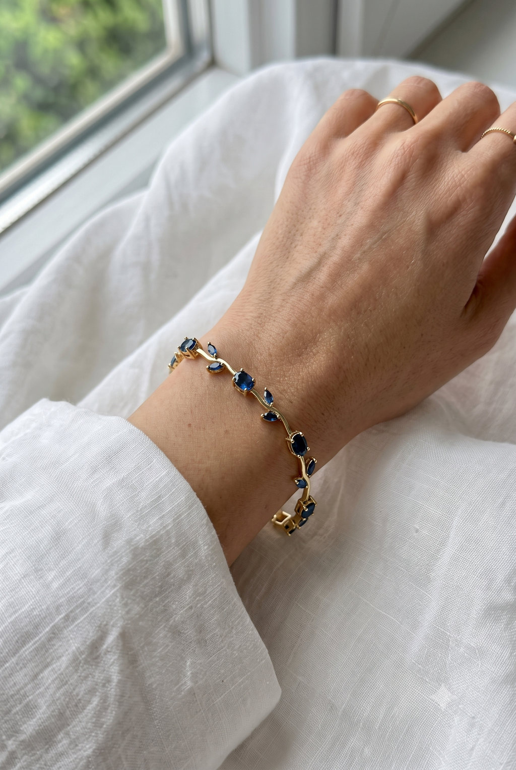 Tulip Vine Bracelet - Sapphire Blue CZ Stones, 18K Gold Plated, Royal Blue CZ Tulip Bracelet in Gold Plating
