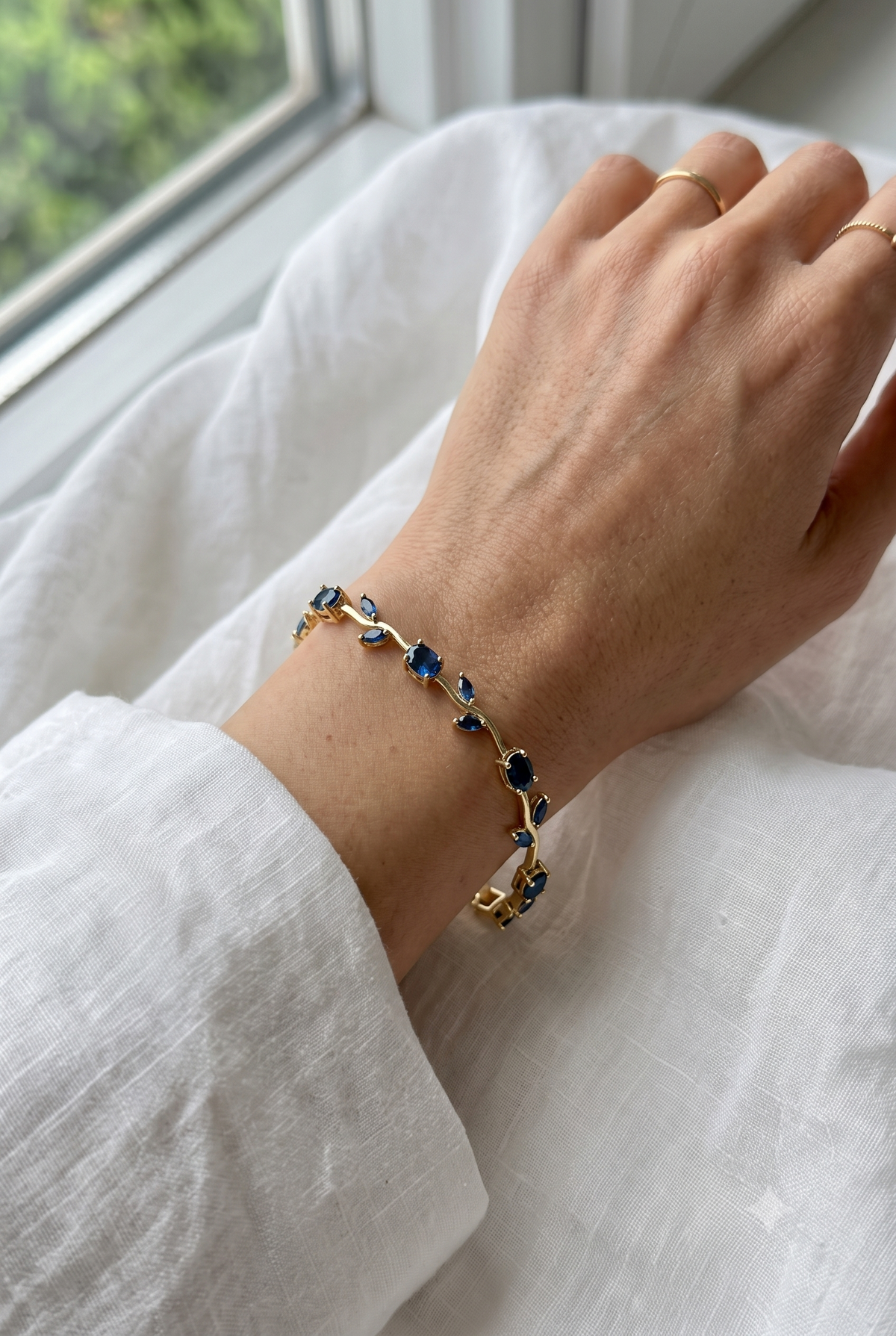 Tulip Vine Bracelet - Sapphire Blue CZ Stones, 18K Gold Plated, Royal Blue CZ Tulip Bracelet in Gold Plating