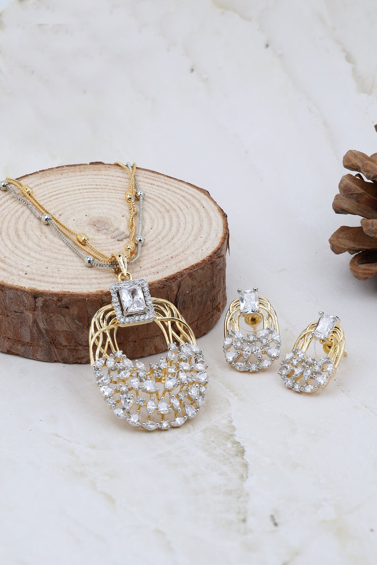 Elegant American Diamond Pendent Chain Necklace Set