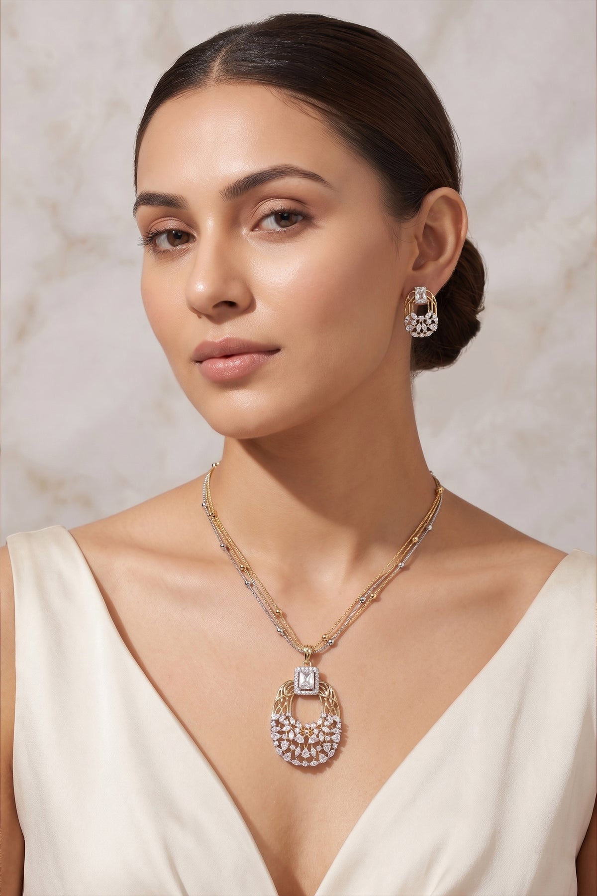 Elegant American Diamond Pendent Chain Necklace Set