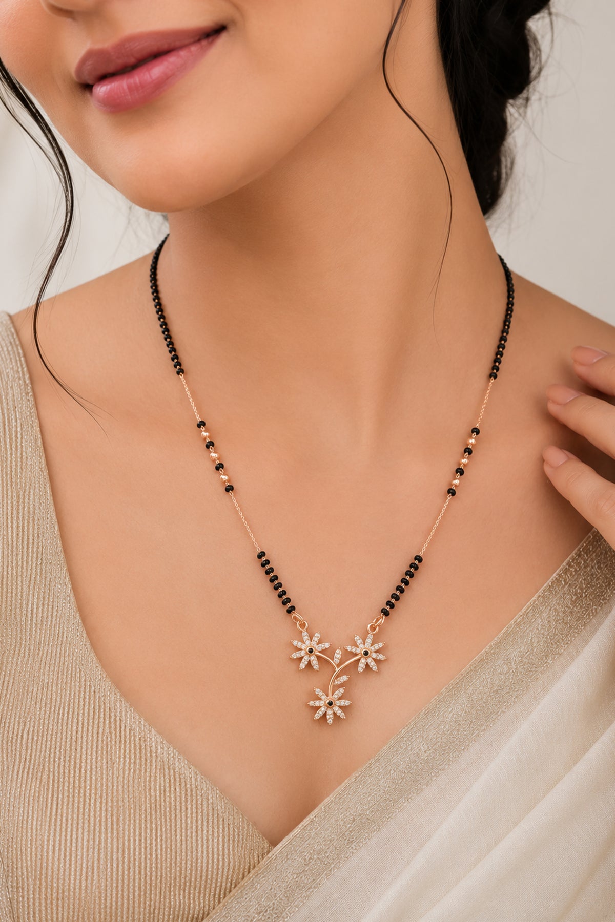 Triple Floral Bloom Rose Gold AD Mangalsutra