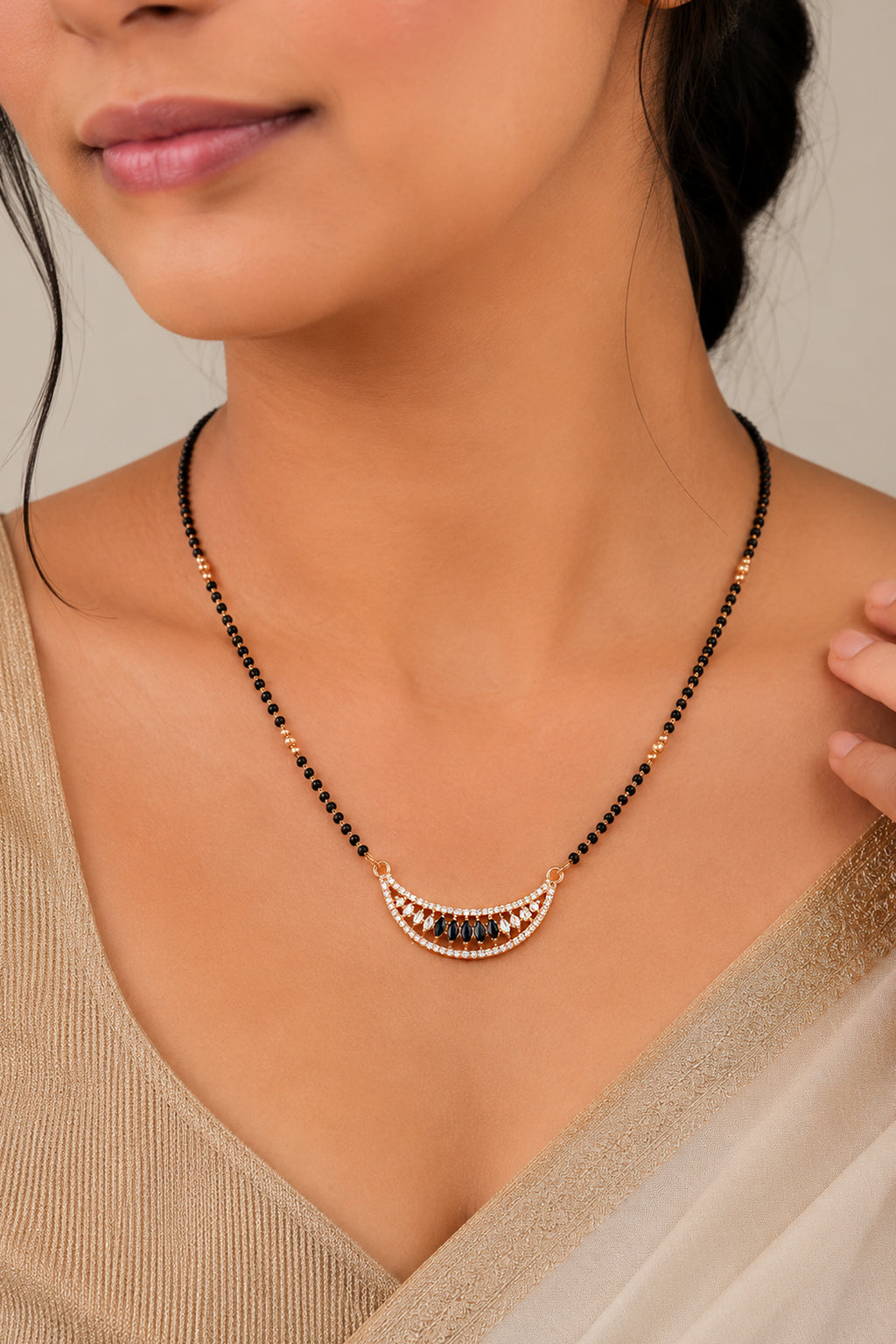 Rose Gold Crescent Diamond Mangalsutra Necklace For Women