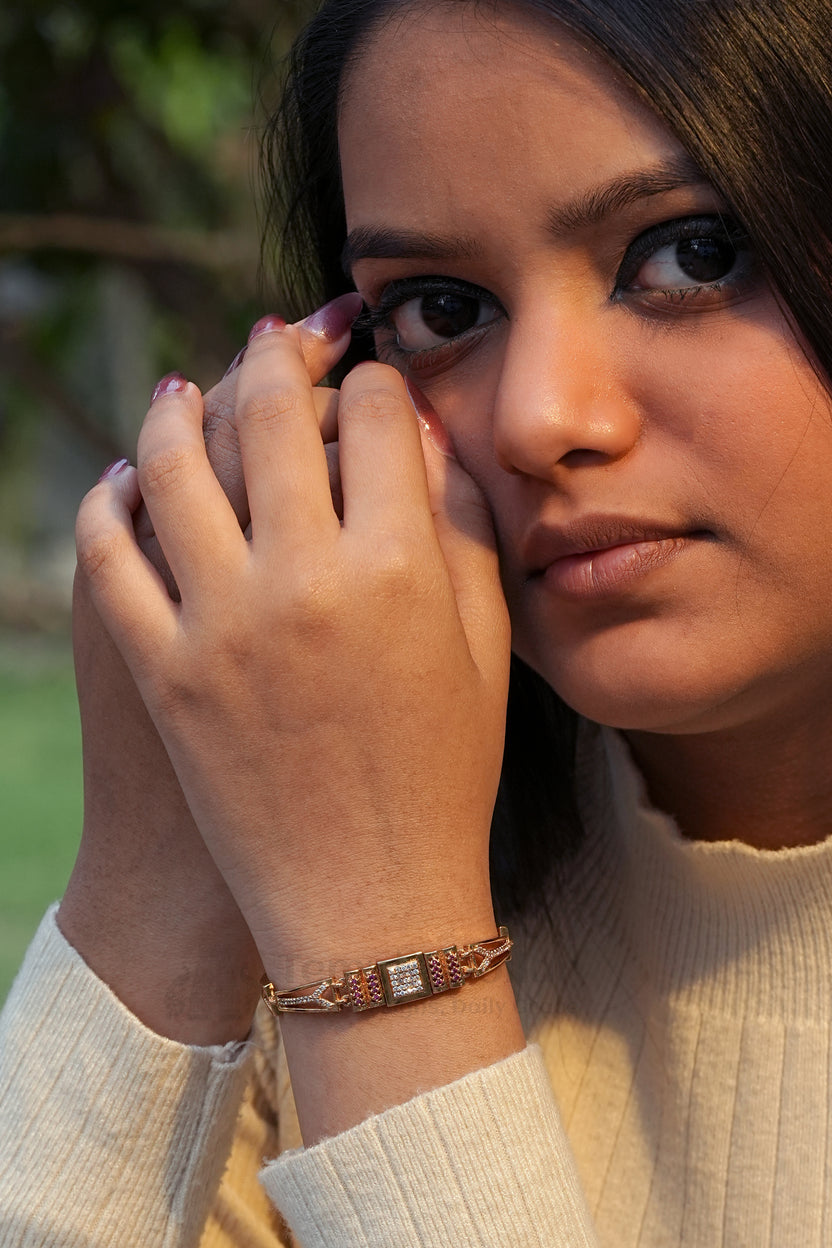 Rose Gold Designer Link Bracelet with Ruby Pink & White Stones