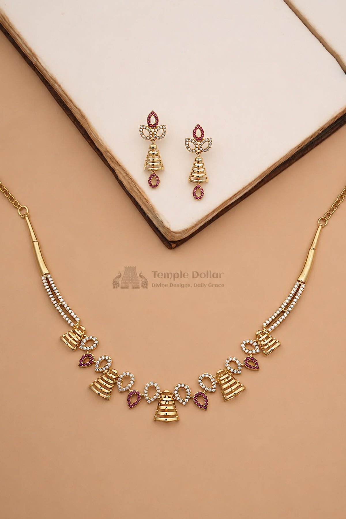 Antique Triangle Motif Necklace & Earrings Set – Ruby Stones