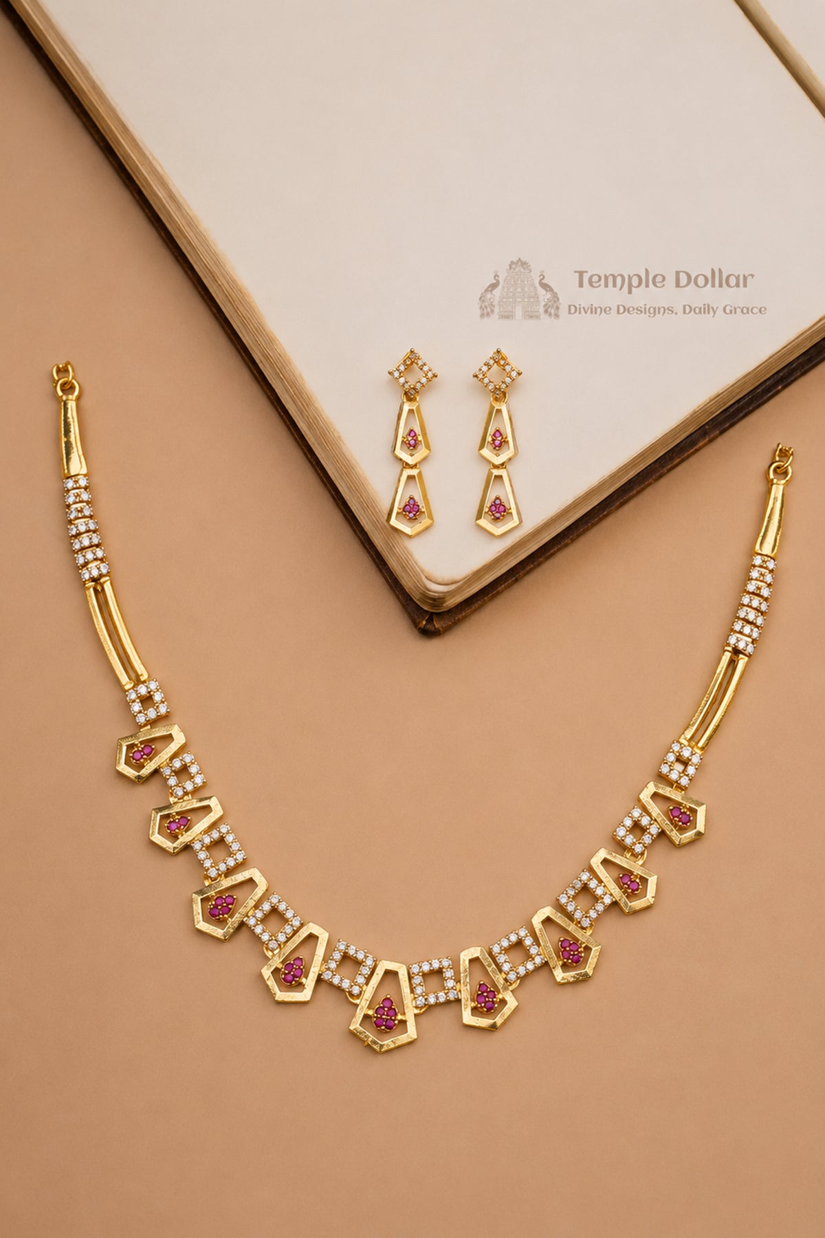 Antique Pentagon Motif Necklace & Drop Earrings Set