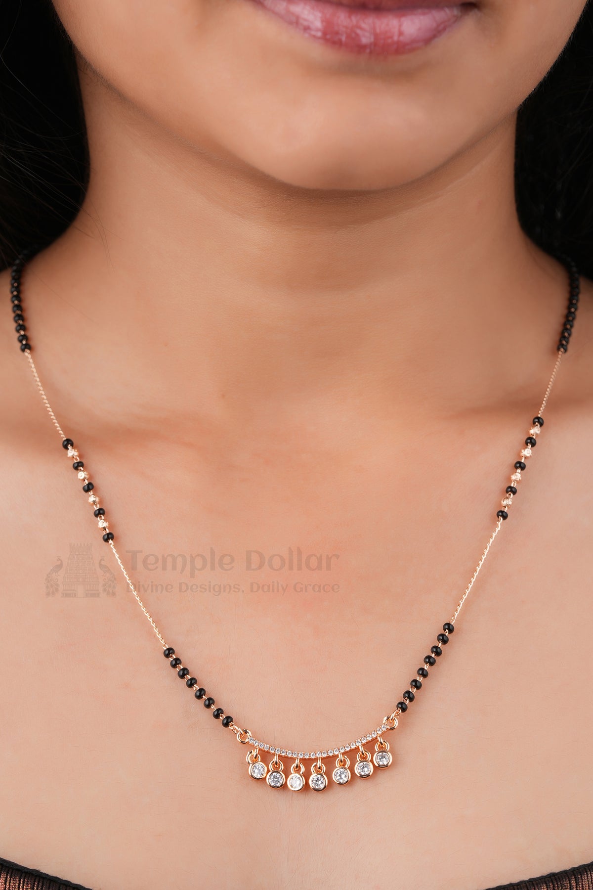 Crystal Drop Charm Mangalsutra by Temple Dollar - rose-toned pendant with hanging crystal charms