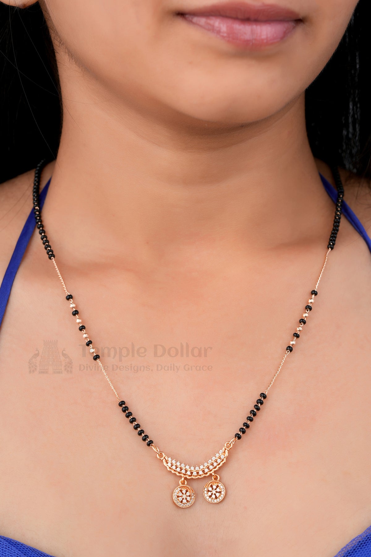 Double Disc Sparkle Mangalsutra by Temple Dollar - rose-toned pendant with two CZ disc charms