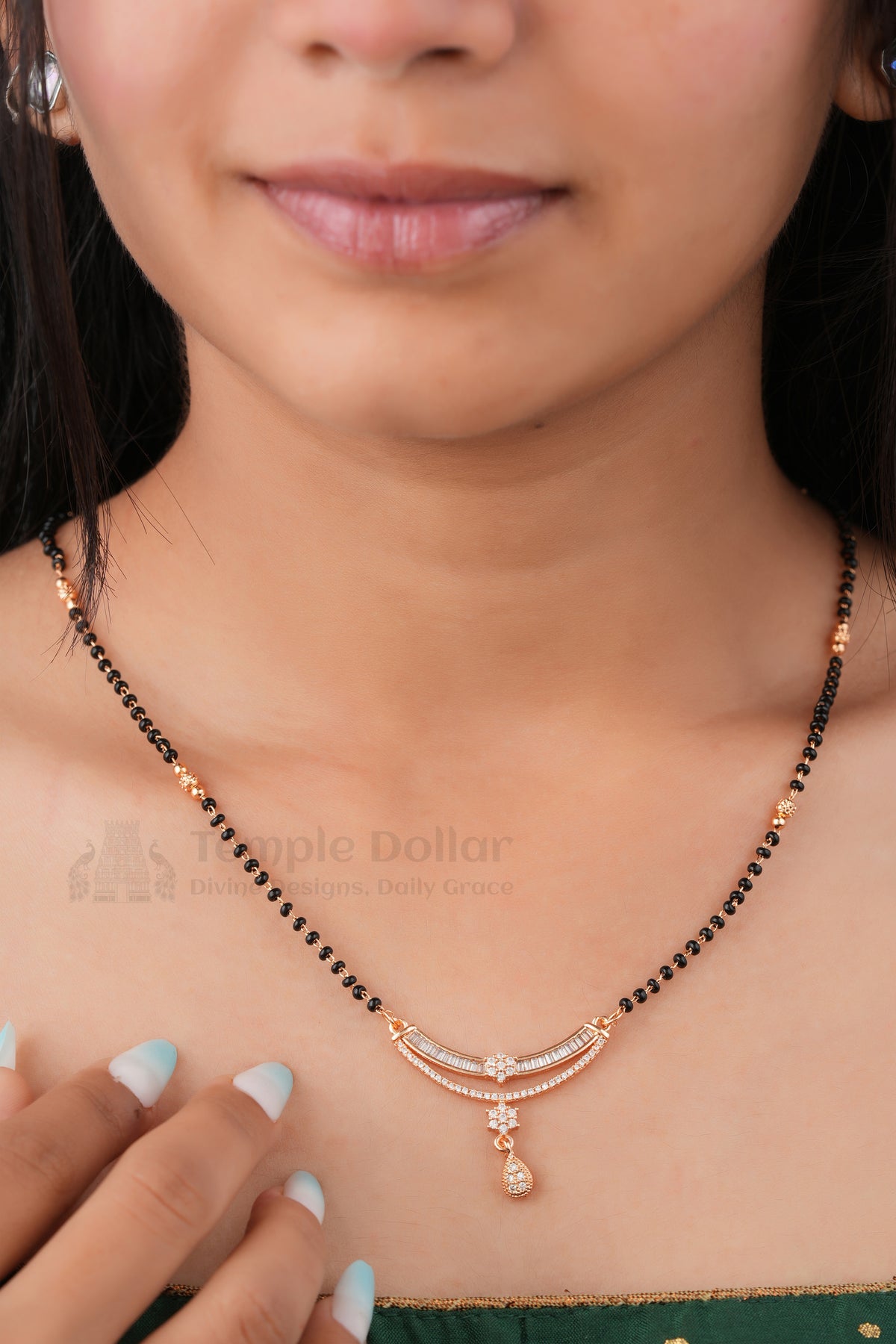 Baguette Arc Sparkle Mangalsutra by Temple Dollar - arc pendant with baguette-cut stones and teardrop centre
