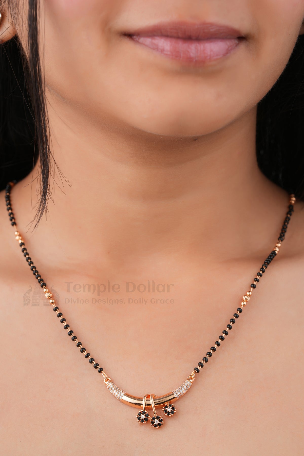 Midnight Floral Drop Mangalsutra by Temple Dollar - black floral stone charms with CZ accents