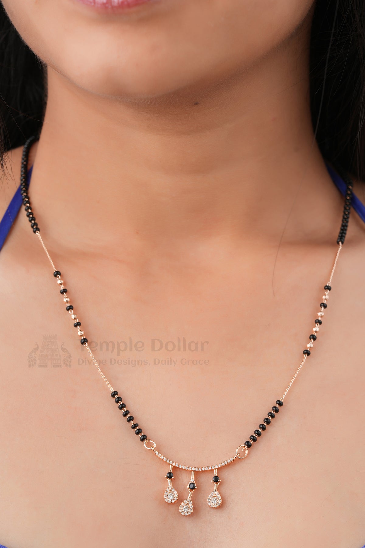 Trio Drop Sparkle Mangalsutra by Temple Dollar - curved bar with three teardrop stones