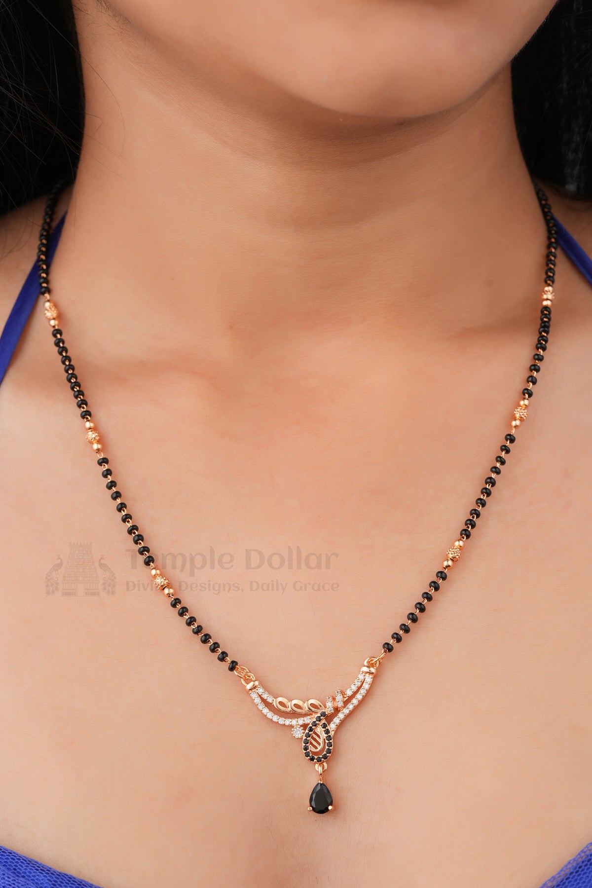 Royal Sapphire Drop Mangalsutra by Temple Dollar - blue teardrop stone with CZ sparkle
