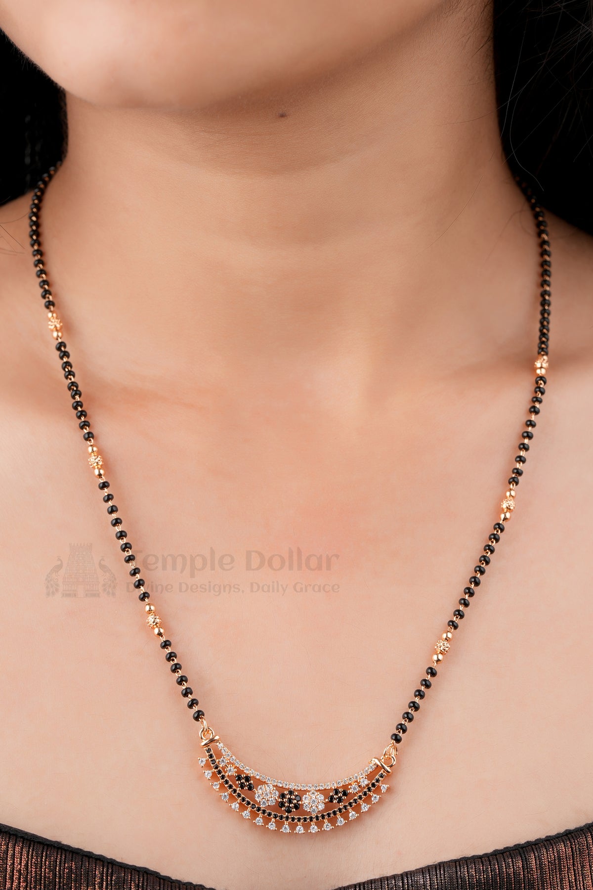 Midnight Bloom Designer Mangalsutra by Temple Dollar - black-and-white curved designer pendant