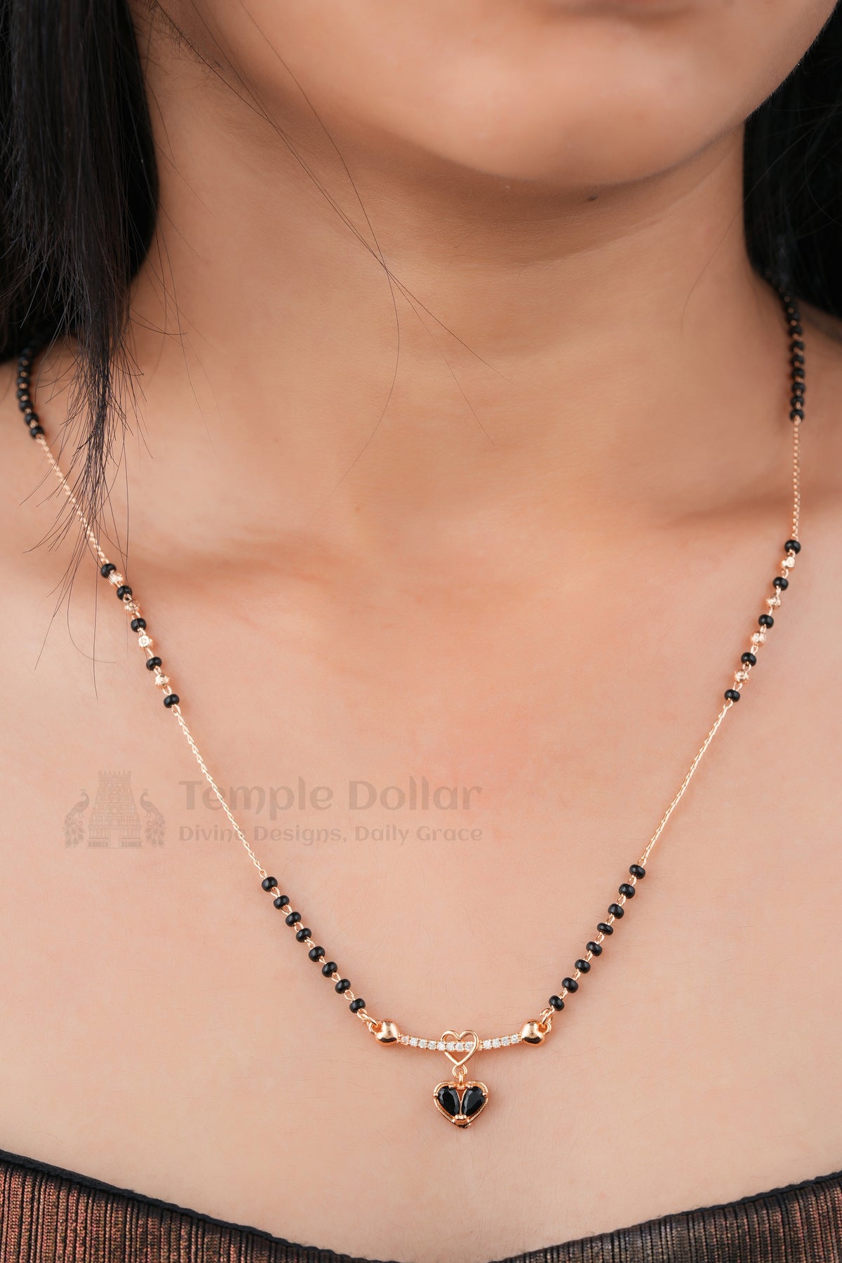 Heart Love Pendant Mangalsutra by Temple Dollar - heart pendant with CZ sparkle on a black-bead chain