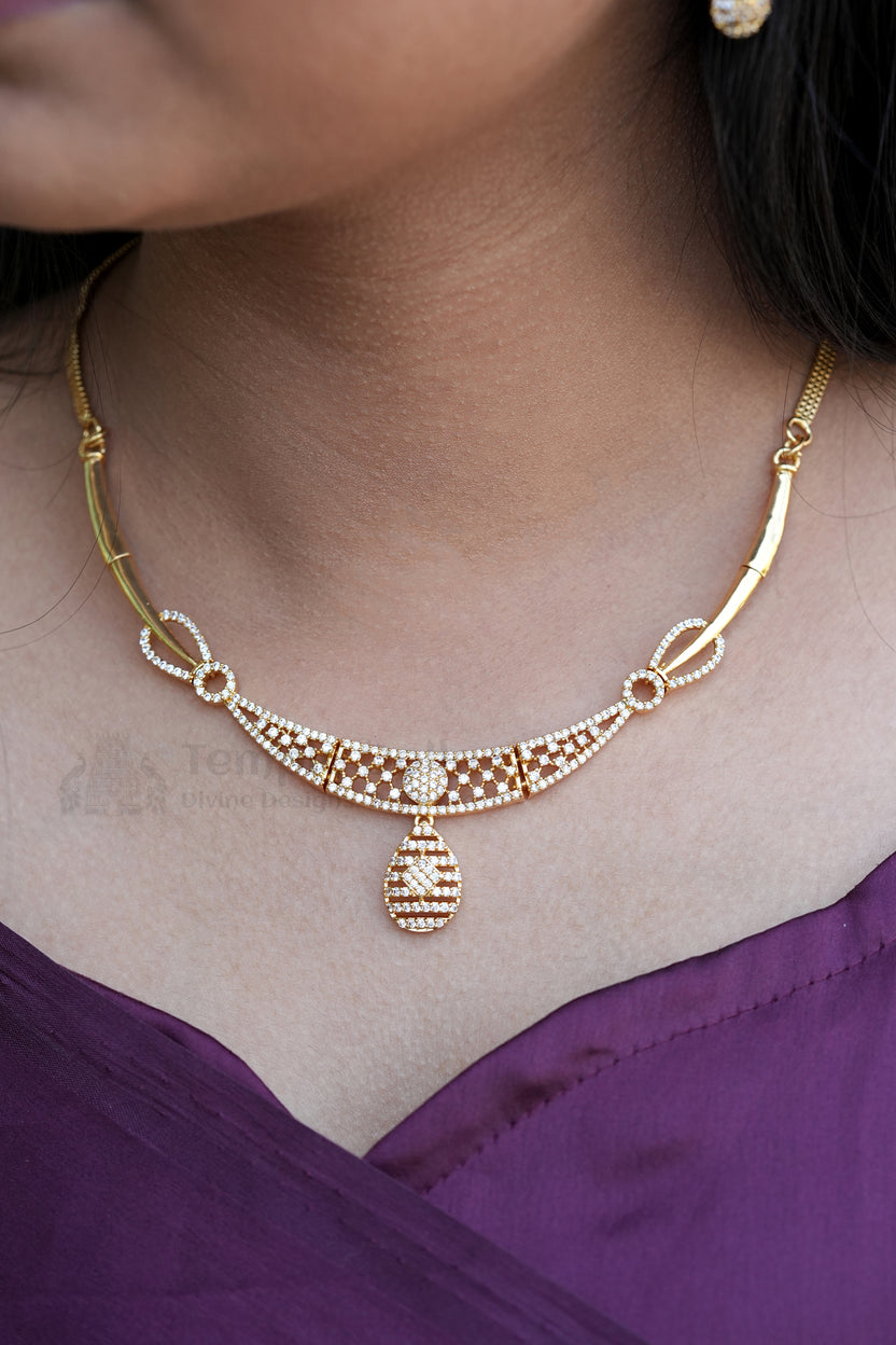 Premium CZ Stone Gold-Finish Choker Set | Traditional South Indian Style Bridal Imitation Jewelry