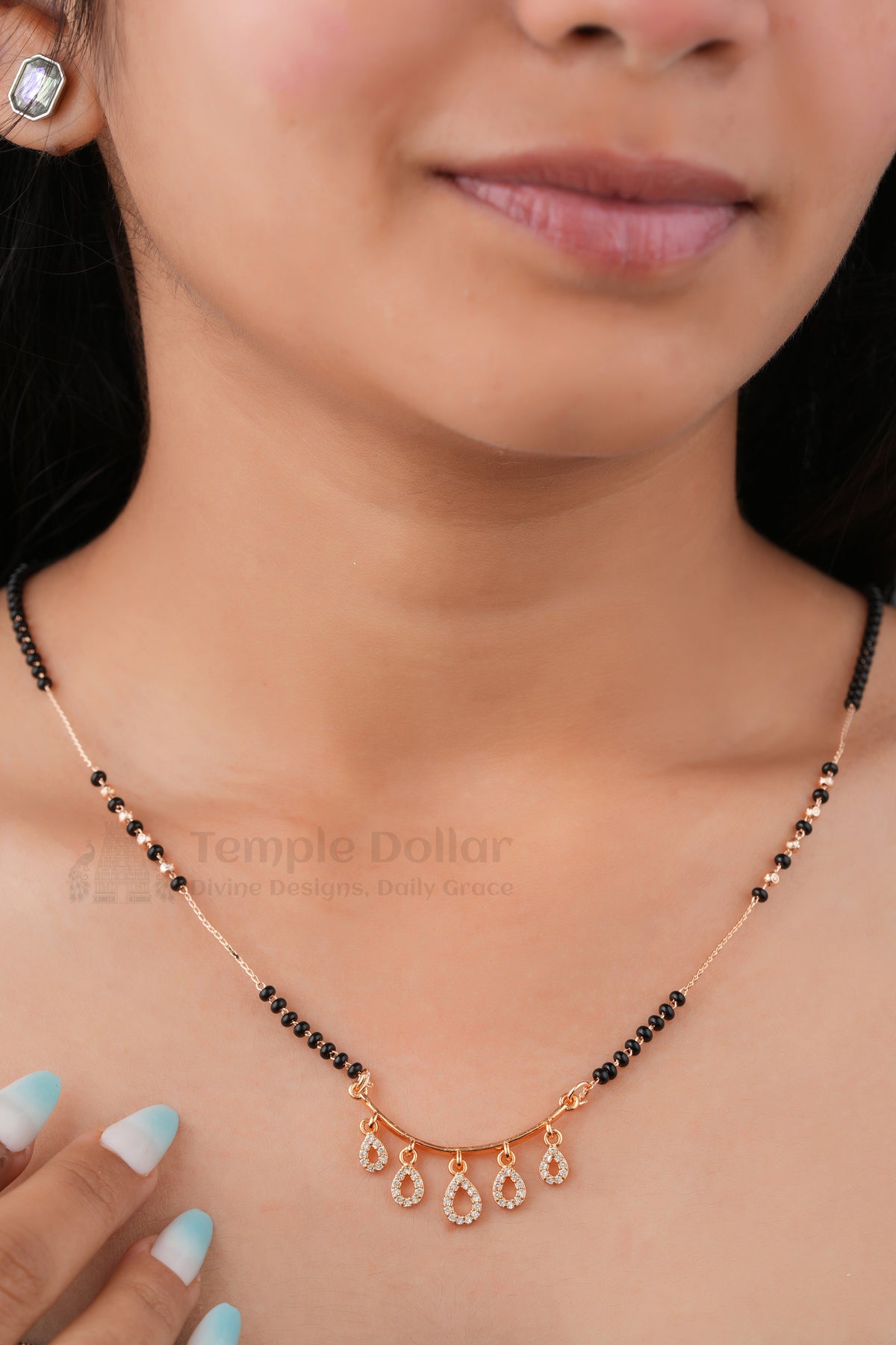 Teardrop Charm Grace Mangalsutra by Temple Dollar - minimal curved bar with teardrop charms