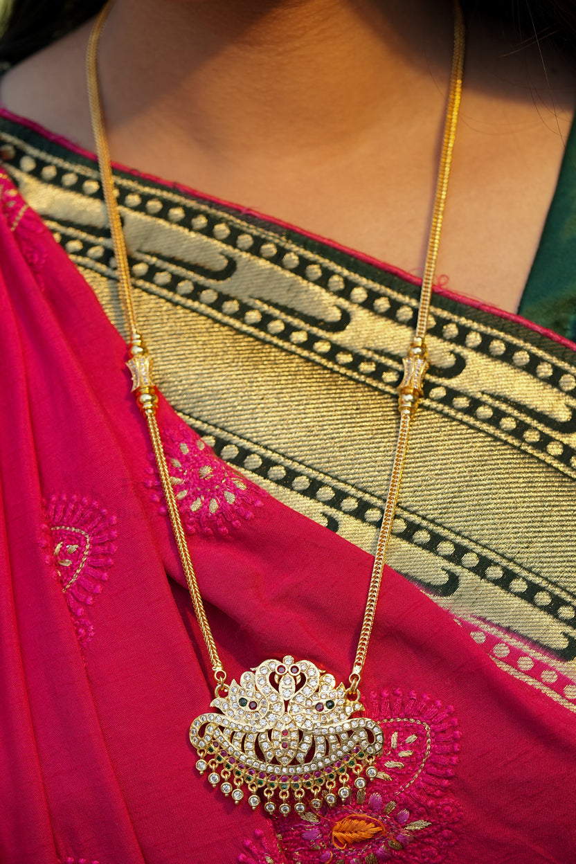 Twin Peacock Crescent Pendant with V-Link Chain