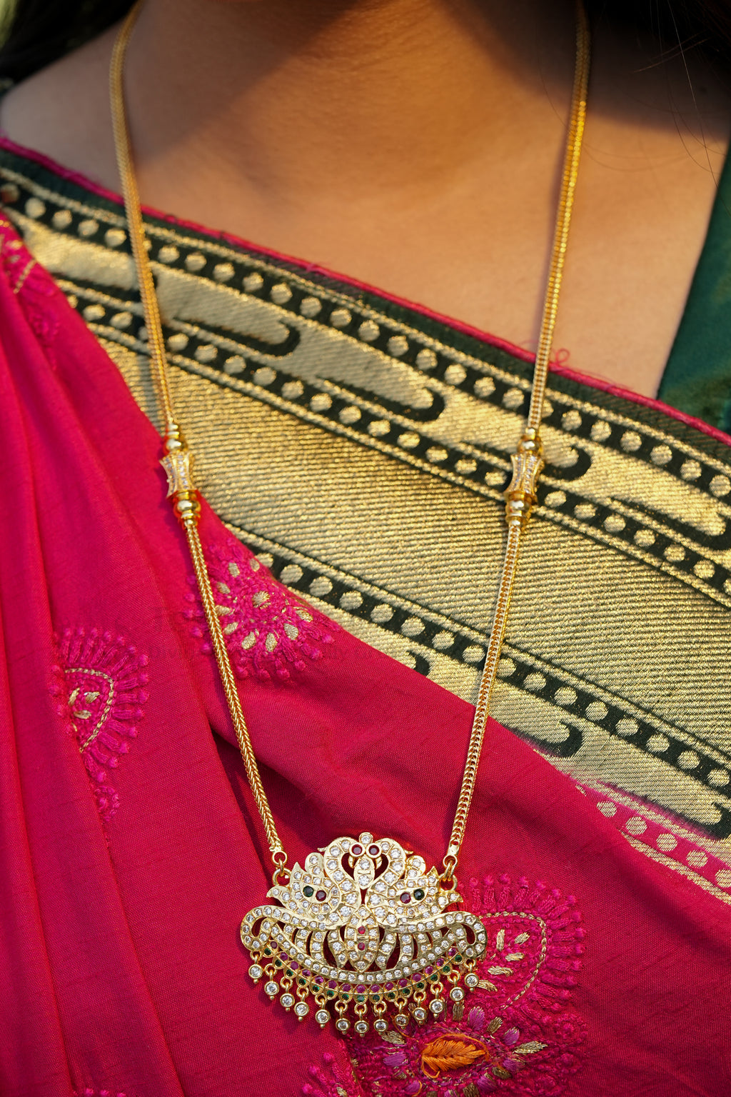 Twin Peacock Crescent Pendant with V-Link Chain