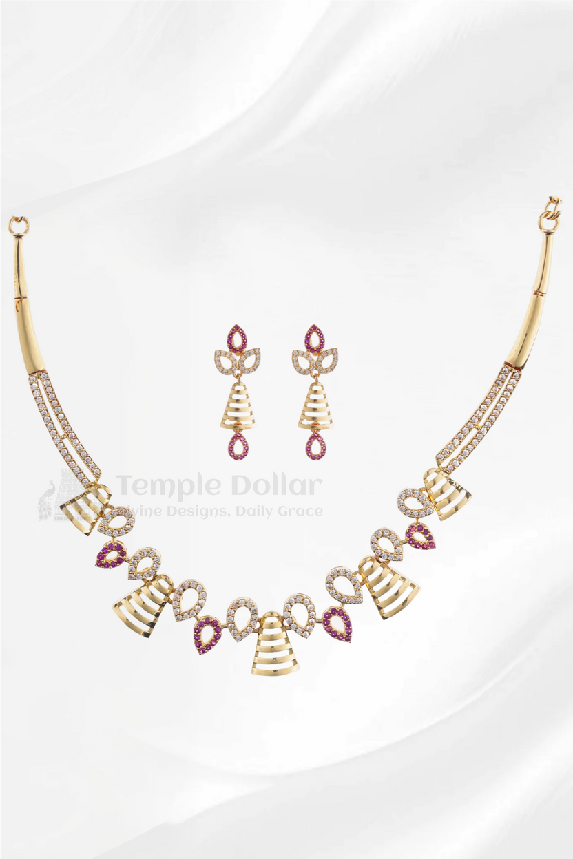 Antique Gold Plated Triangle Motif Necklace & Earrings Set | Premium Ruby Stone Temple Jewelry for Women | South Indian Wedding Wear.