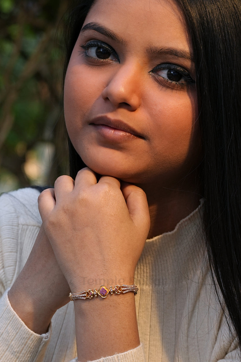 Rose Gold Floral Clover Bracelet with Ruby Stones