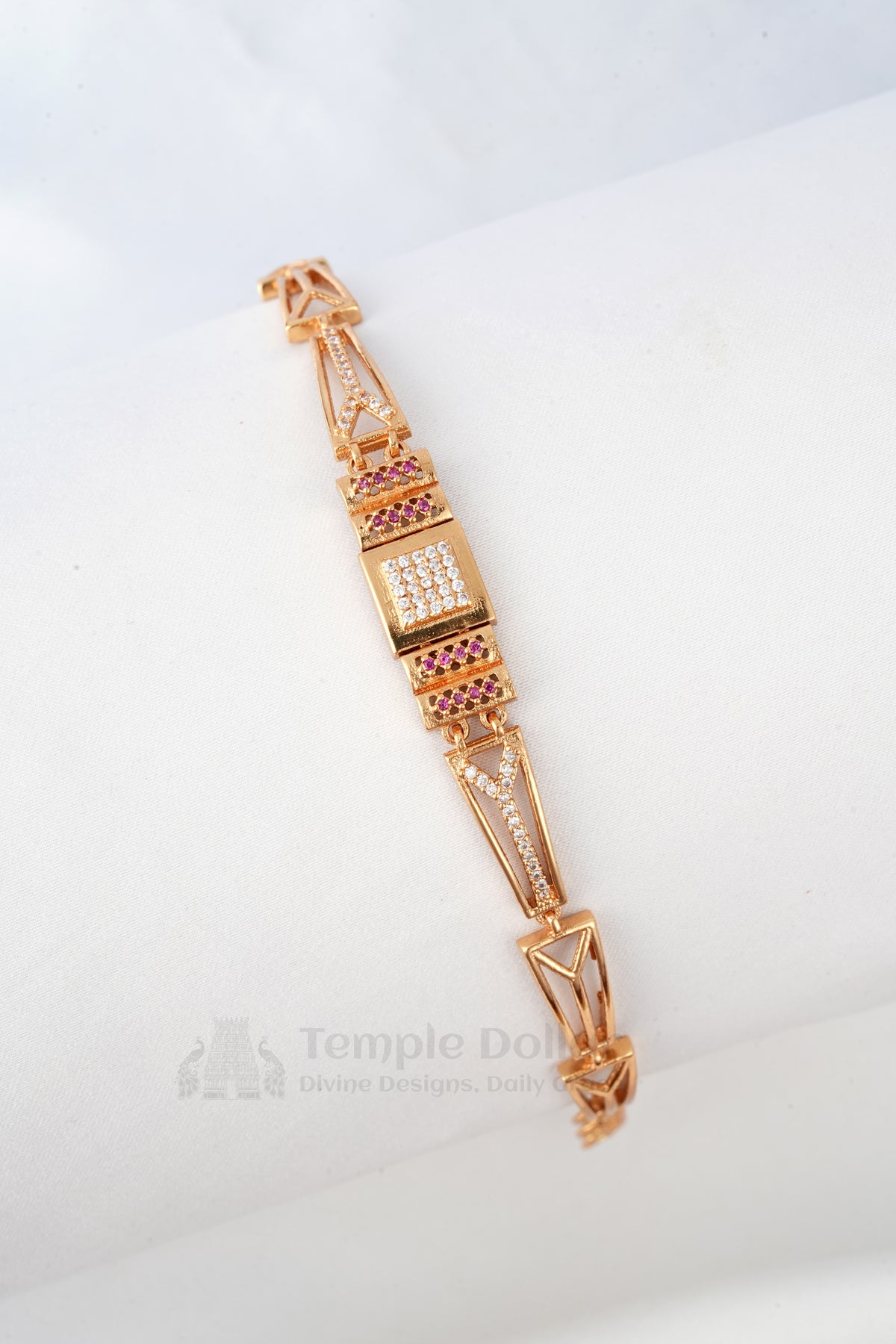Rose Gold Designer Link Bracelet with Ruby Pink & White Stones