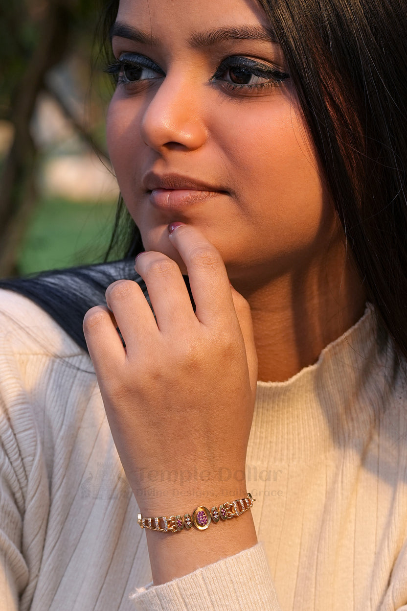 Rose Gold Designer Bracelet with Ruby Oval Cluster Center