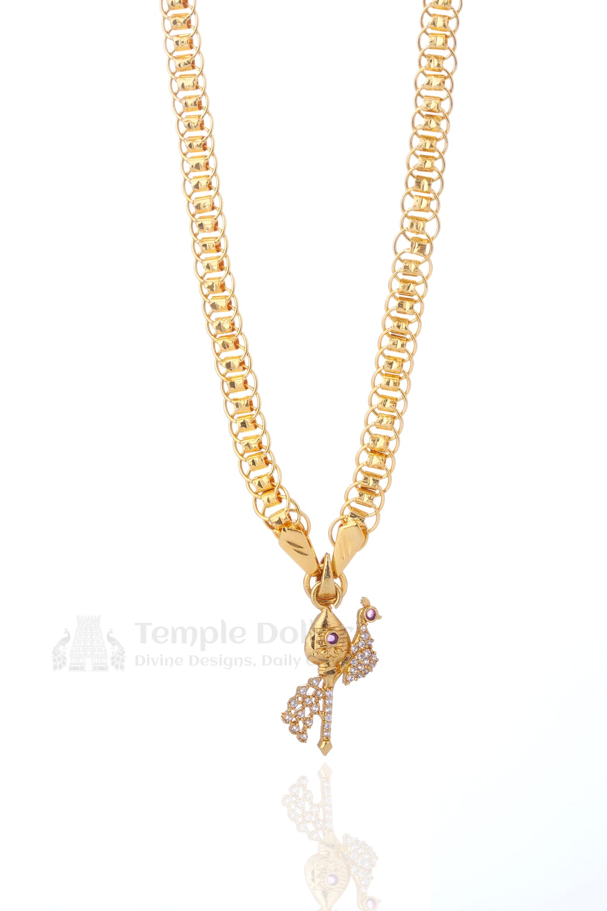 Pendant chain for women - South Indian peacock AD stone gold necklace with ruby and white diamonds by Temple Dollar