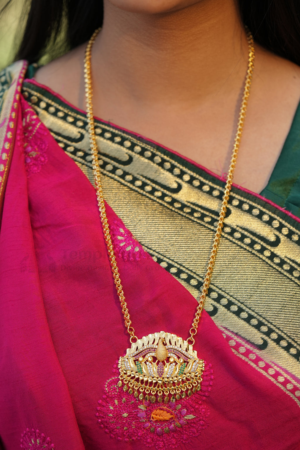 Peacock on Lotus Textured Pendant with Mugappu Chain