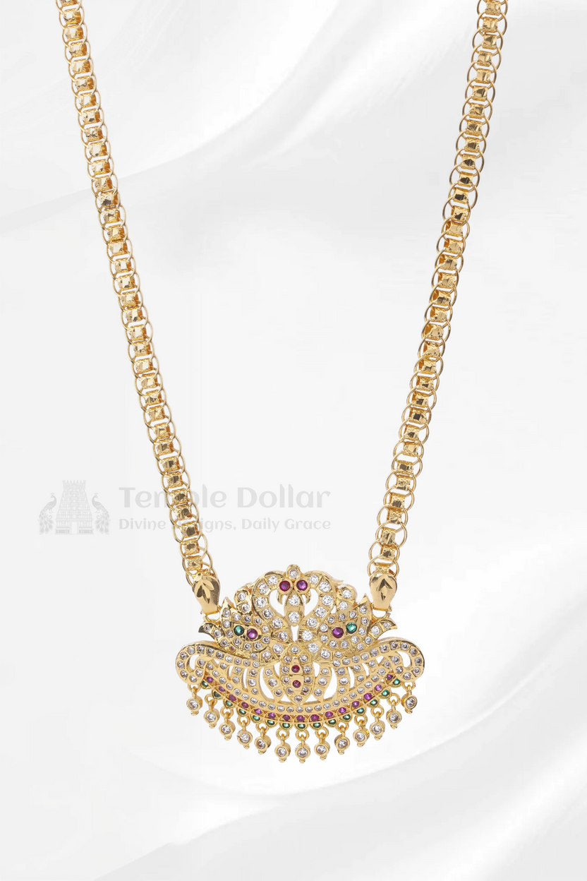 Twin Peacock Crescent Pendant with Fancy Box Chain