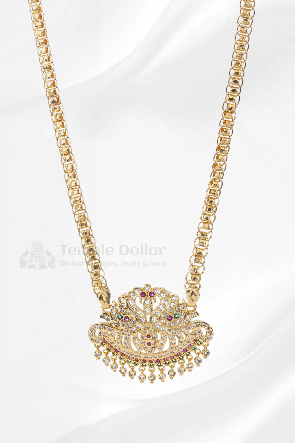 Twin Peacock Crescent Pendant with Fancy Box Chain