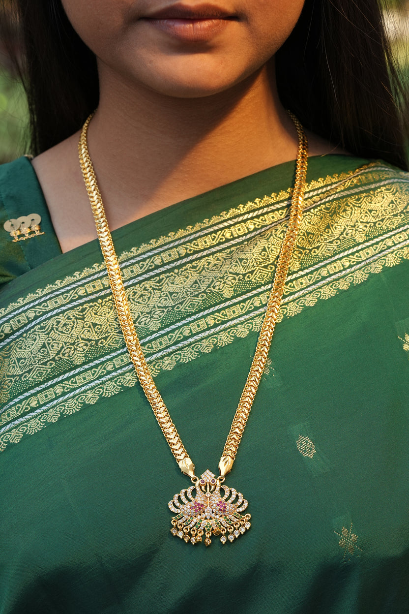 Twin Peacock Pendant with Designer V-Link Chain