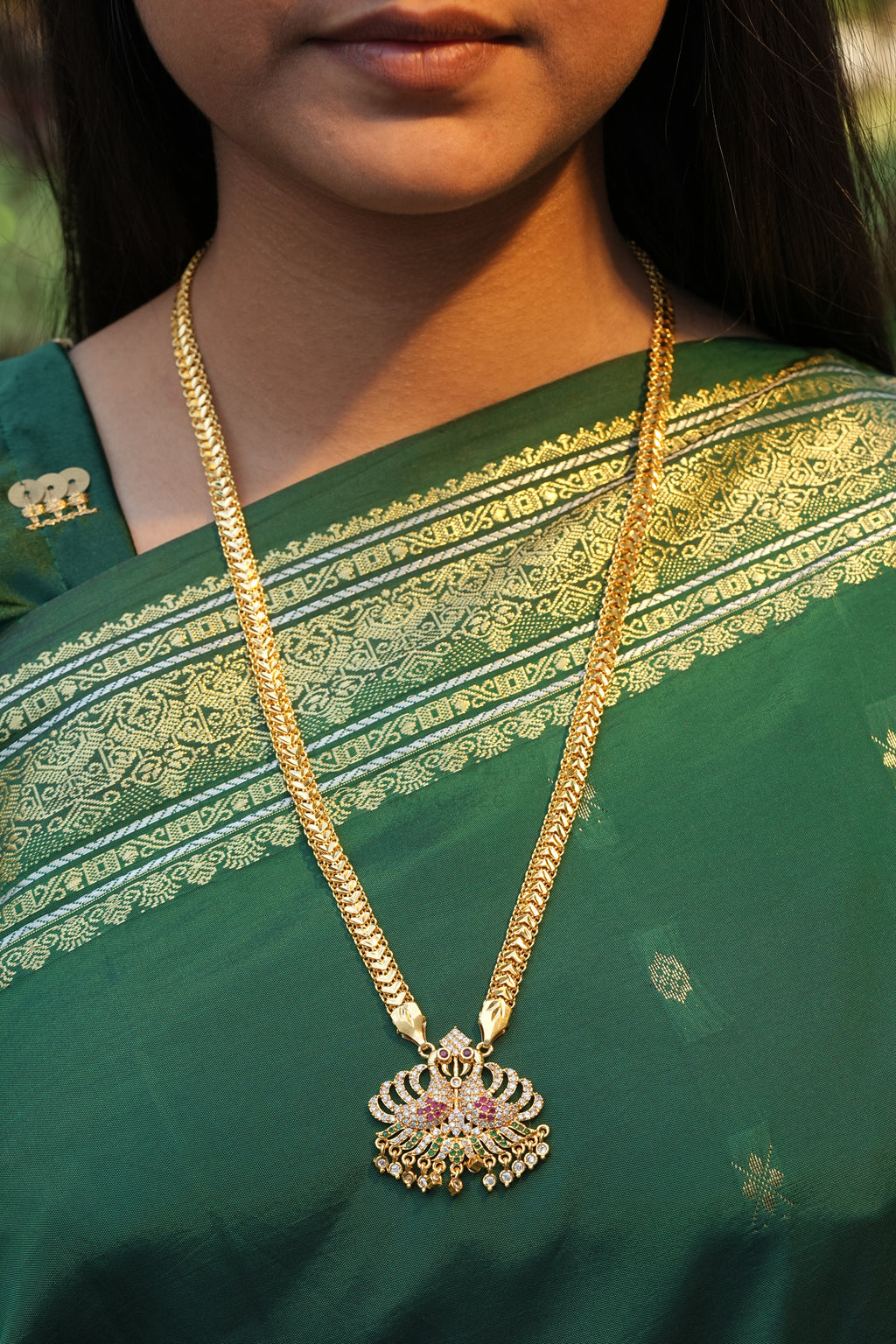 Twin Peacock Pendant with Designer V-Link Chain