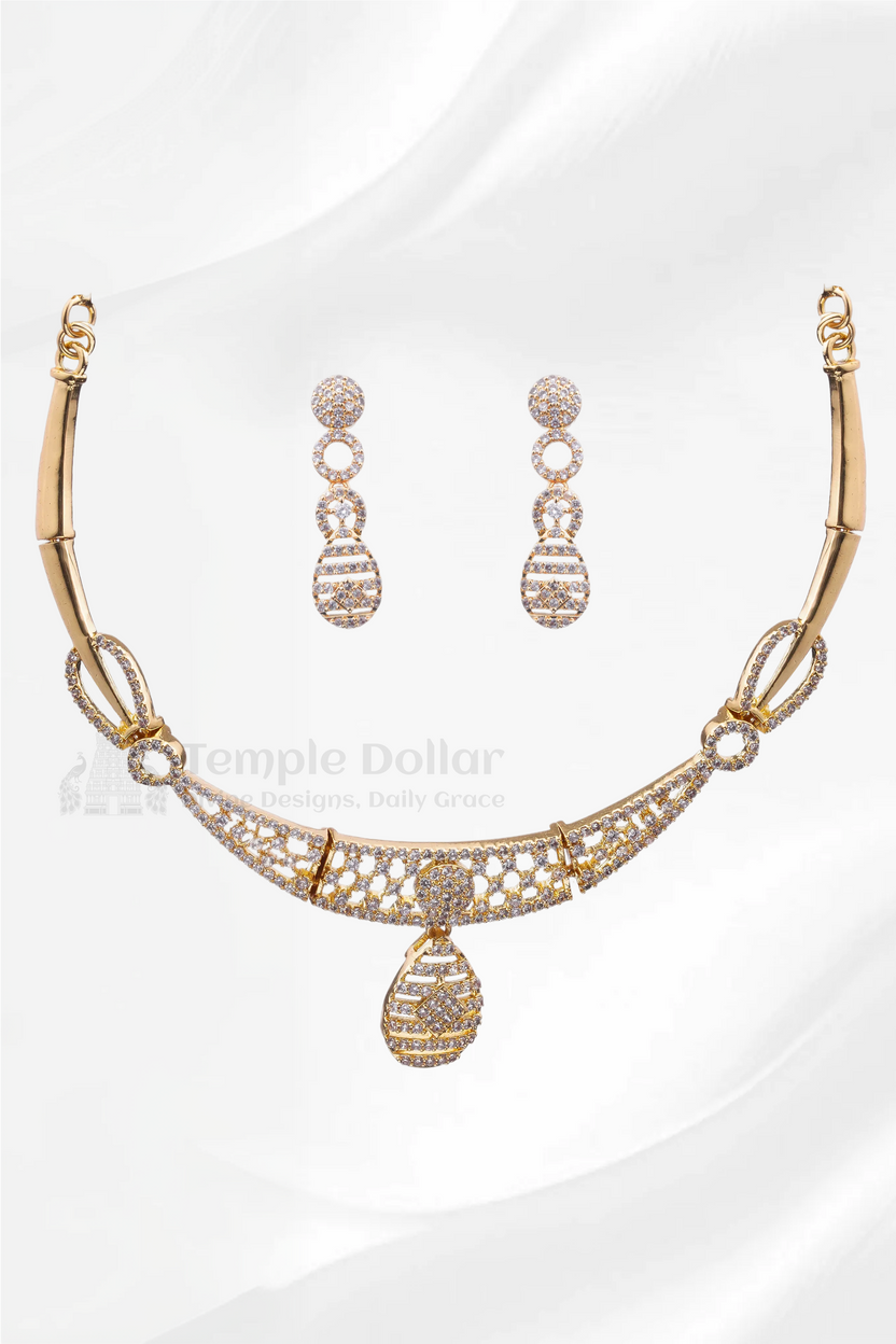 Premium CZ Stone Gold-Finish Choker Set | Traditional South Indian Style Bridal Imitation Jewelry