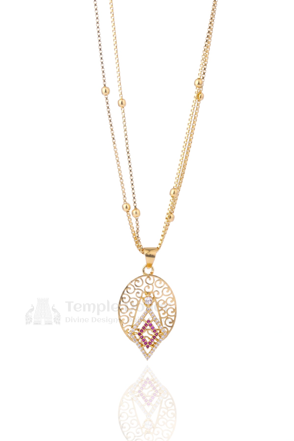 Gold Plated Pendant chain with Pink Stone – Double Chain
