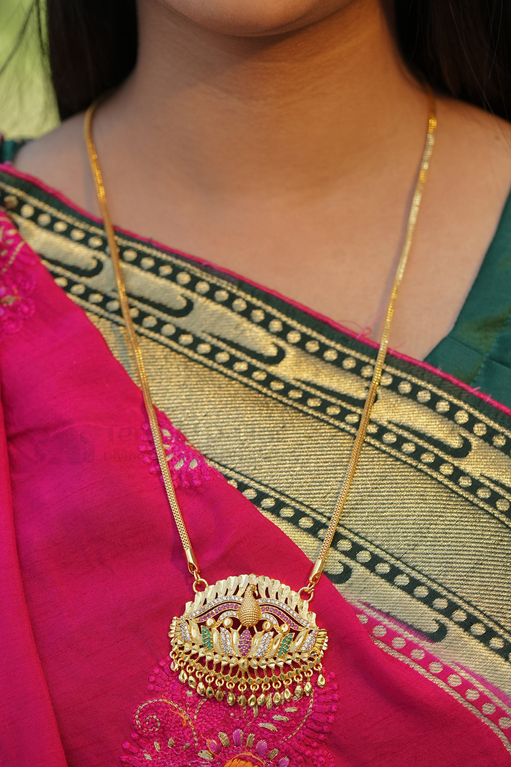 Peacock on Lotus Textured Pendant with V-Link Chain