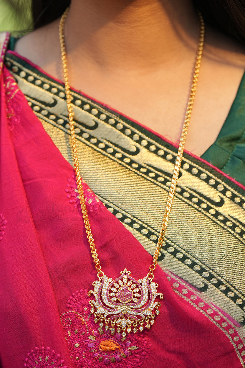 Ruby & White Floral Lotus Pendant with Square Mesh Chain