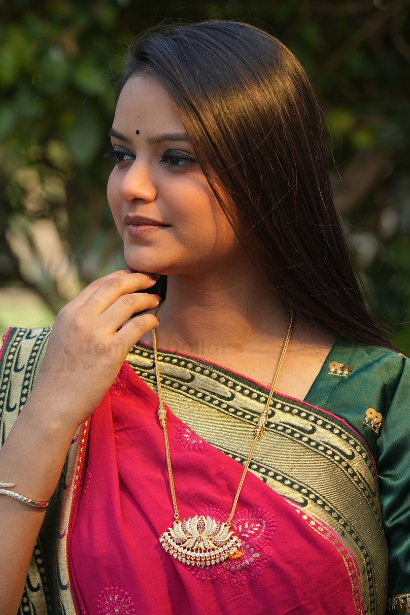 Blooming Lotus Pendant Necklace with Ruby Pink & American Diamonds