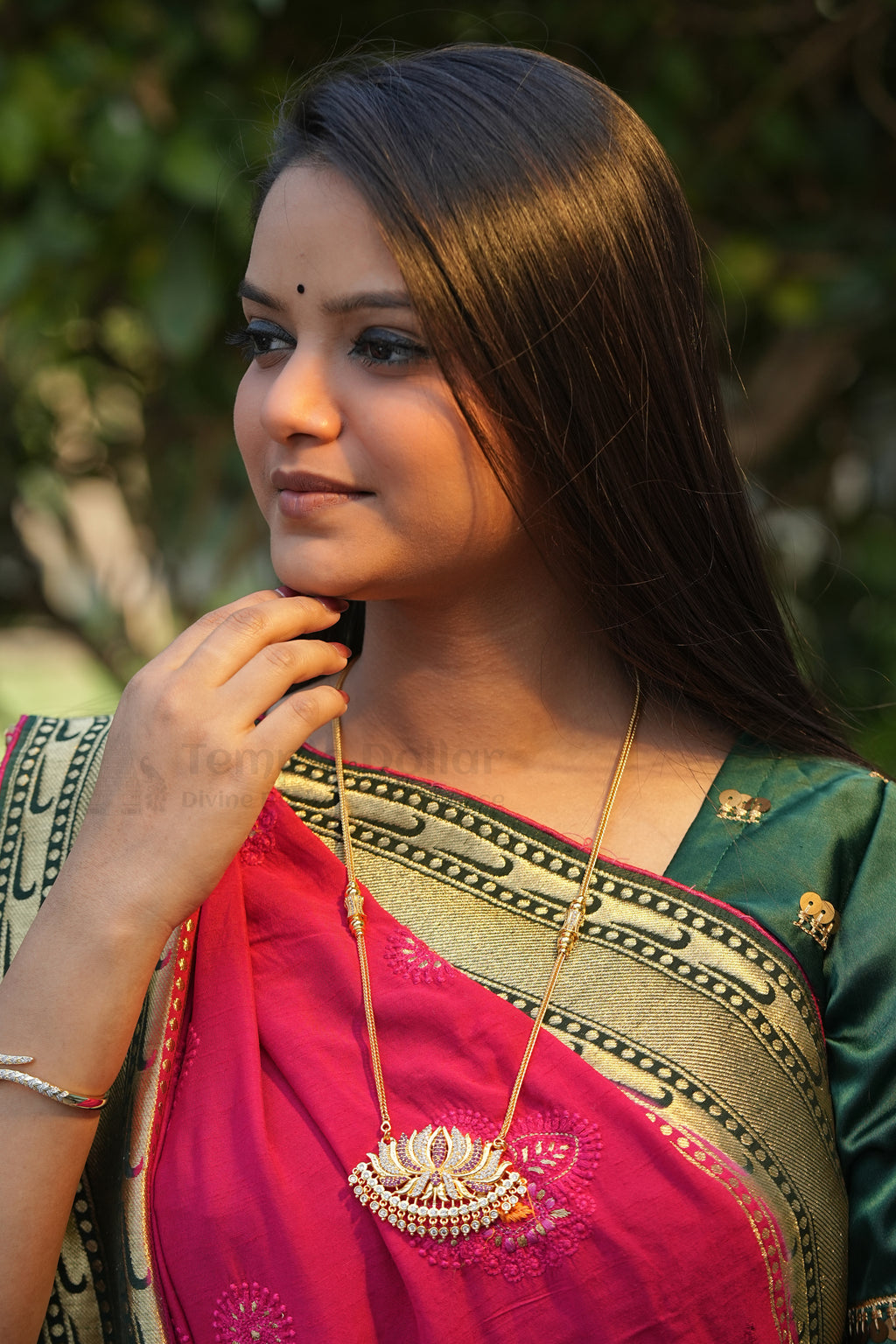Blooming Lotus Pendant Necklace with Ruby Pink & American Diamonds
