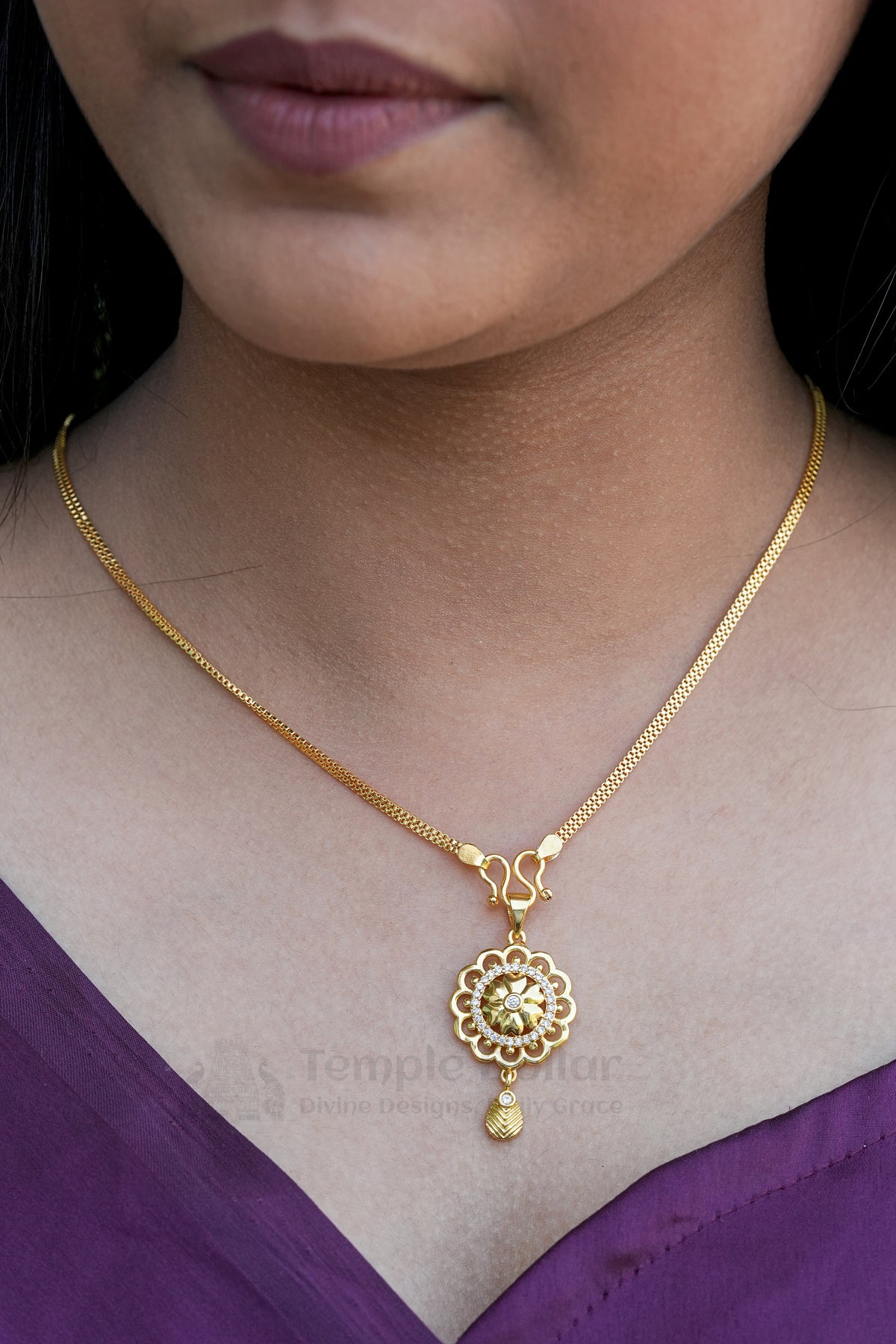 Pendant Chain for Women | Round AD Stone Daily Wear Gold Necklace