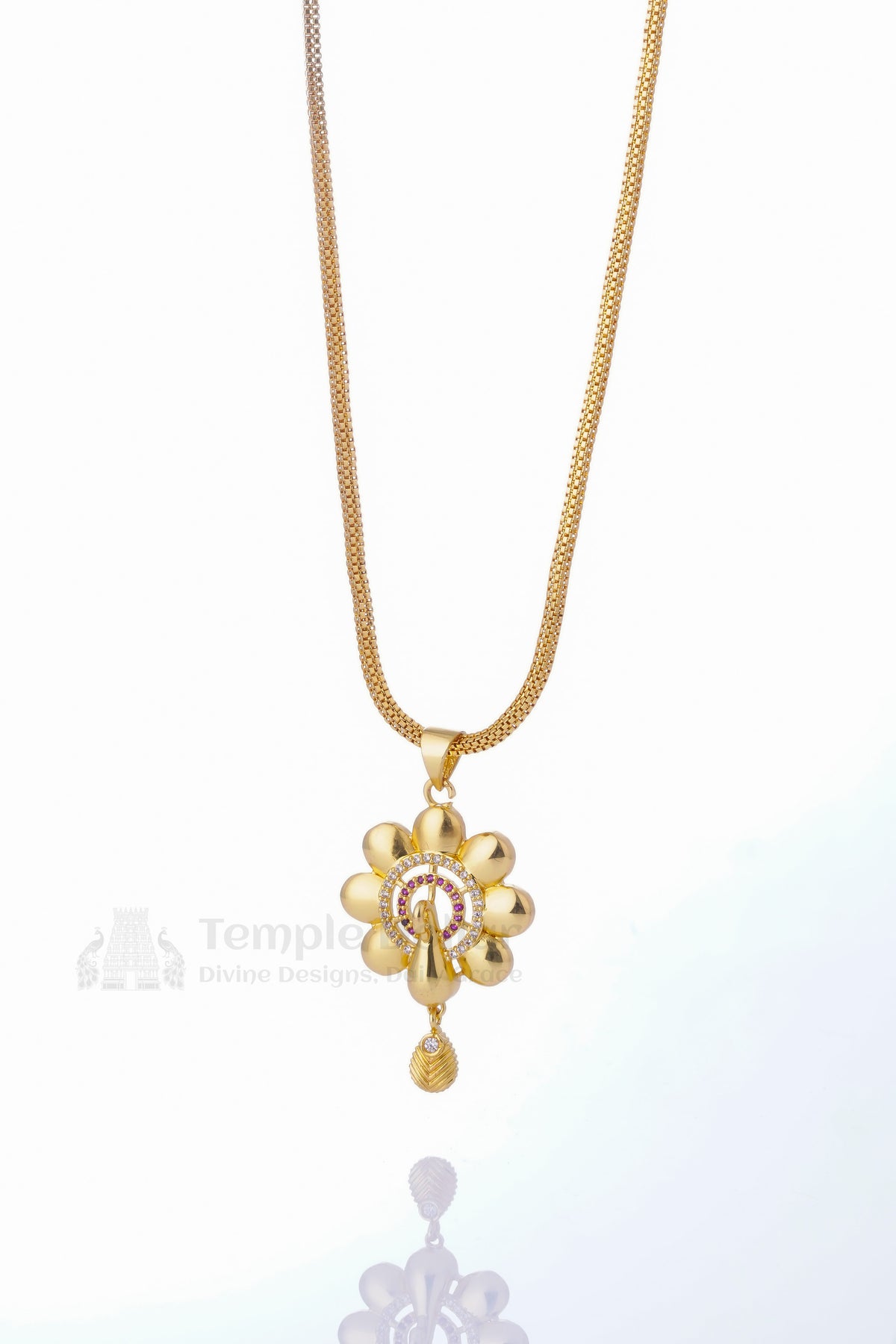 Pendant chain for women - peacock AD stone daily wear gold necklace with pink & white diamonds by Temple Dollar