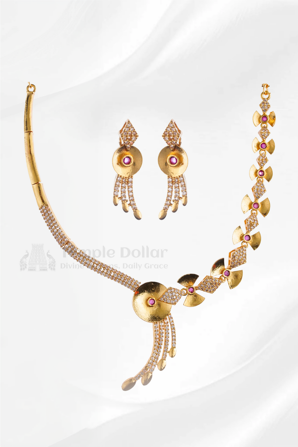 Traditional South Indian Matte Gold Jewelry Set | Antique Finish Floral and Geometric Necklace & Earrings with Ruby CZ Stones.