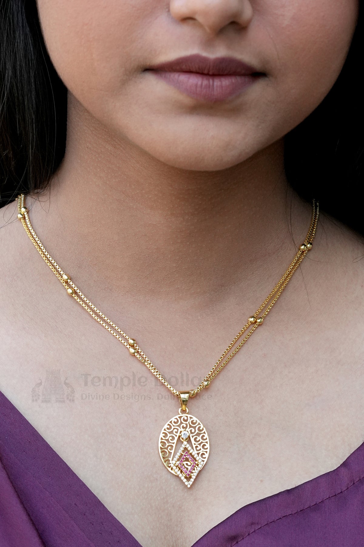 Gold Plated Pendant chain with Pink Stone – Double Chain