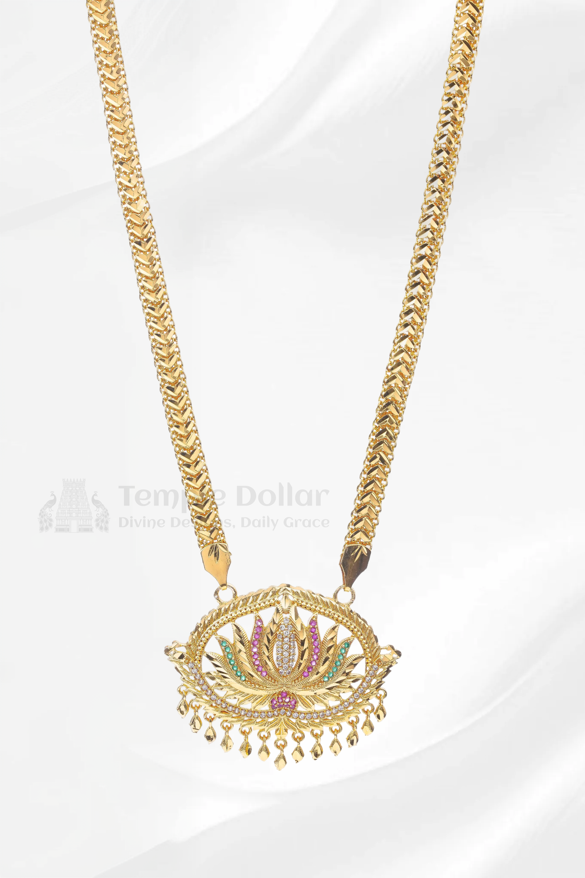 Oval Lotus Pendant Necklace | Gold Plated Rope Chain – Temple Dollar