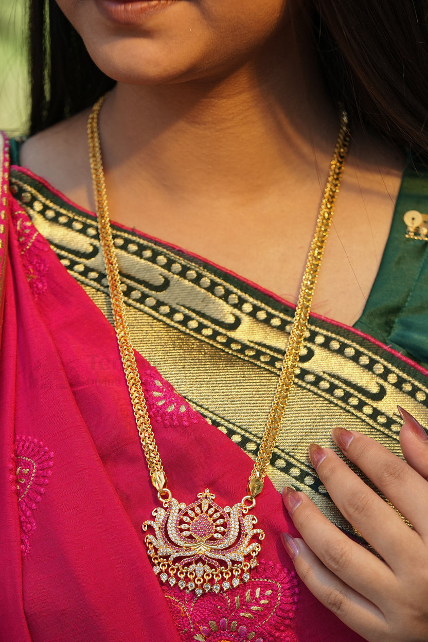 Ruby & White Floral Lotus Pendant with V-Link Chain